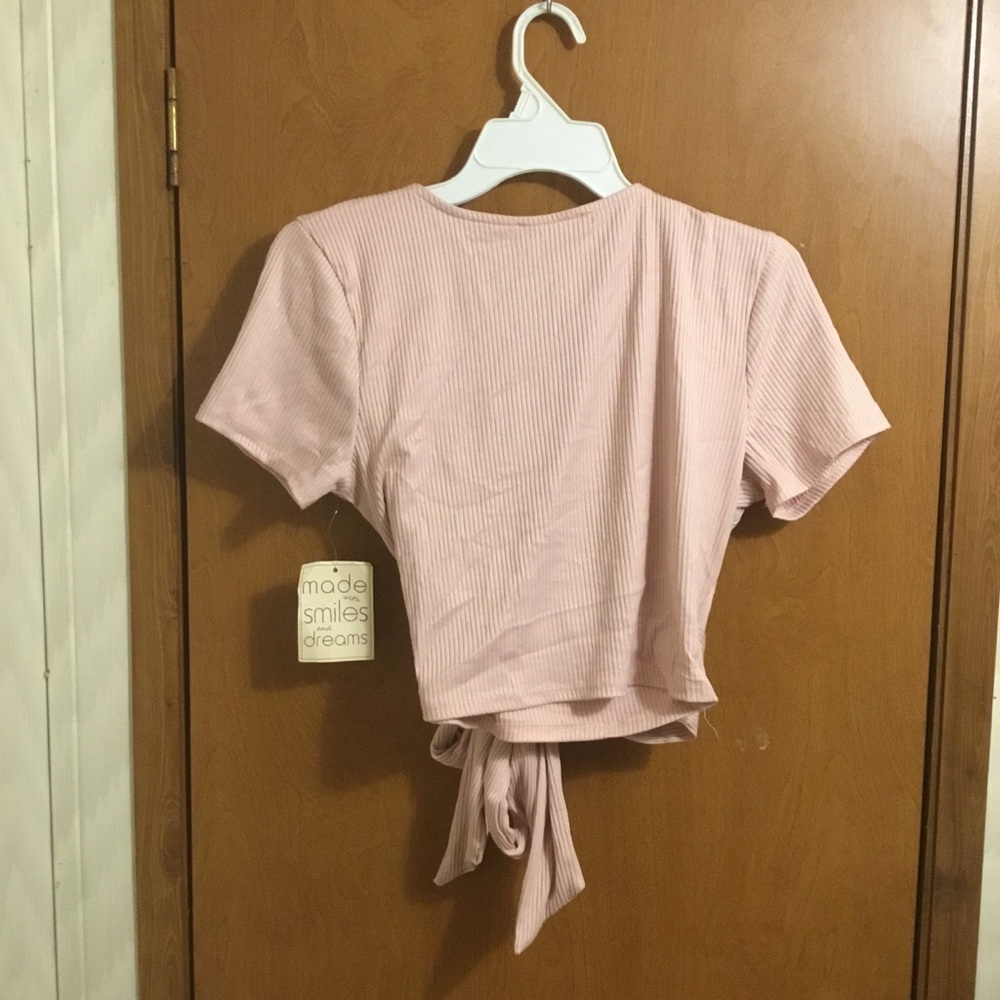 Pink Ribbed Cropped Short Sleeve Wrap Tie Waist Shirt XL - Picture 2 of 3